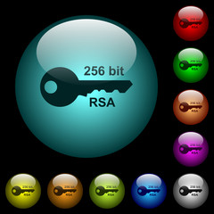 256 bit rsa encryption icons in color illuminated glass buttons