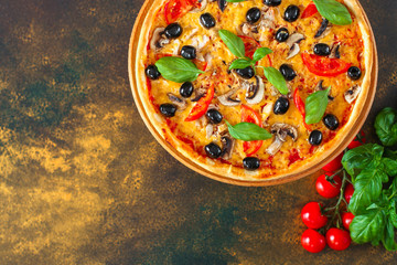 pizza, mushrooms, olives, chicken, tomato sauce, cheese, (ingredients). hot pizza. Top view. copy space