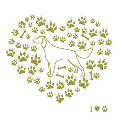 Setter silhouette on background of dog tracks and bones in the form of heart.