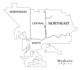 Modern City Map - Modesto California city of the USA with neighborhoods and titles outline map