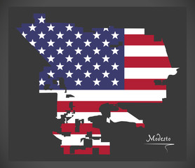 Modesto California City map with American national flag illustration
