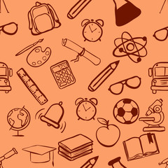 Vector Seamless Pattern of Sketch School Icons on Orange Background