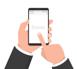 Hand holding smartphone. Open blank browser. Vector illustration.