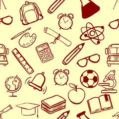 Vector Seamless Pattern of Sketch School Icons on Beige Background