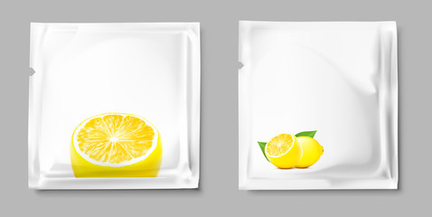 Blank sachet packaging with slice lemon for food, cosmetic and hygiene. Vector illustration on grey background. Ready for your design. EPS10.