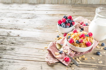 Healthy Corn Flakes for Breakfast with Milk and fresh summer berries