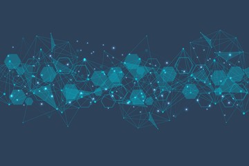 Obraz premium Wzór sieci naukowej, linie łączące i kropki. Technologia struktury sześciokątów lub molekularnych elementów łączących.