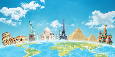 World attractions behind the globe. Travel concept.