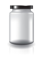 Blank clear round jar with black lid medium high size for supplements or food product. Isolated on white background with reflection shadow. Ready to use for package design. Vector illustration.