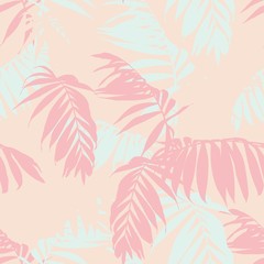 Nature seamless pattern. Hand drawn tropical summer background:pink, mint palm tree leaves silhouette, line art. Peach background.