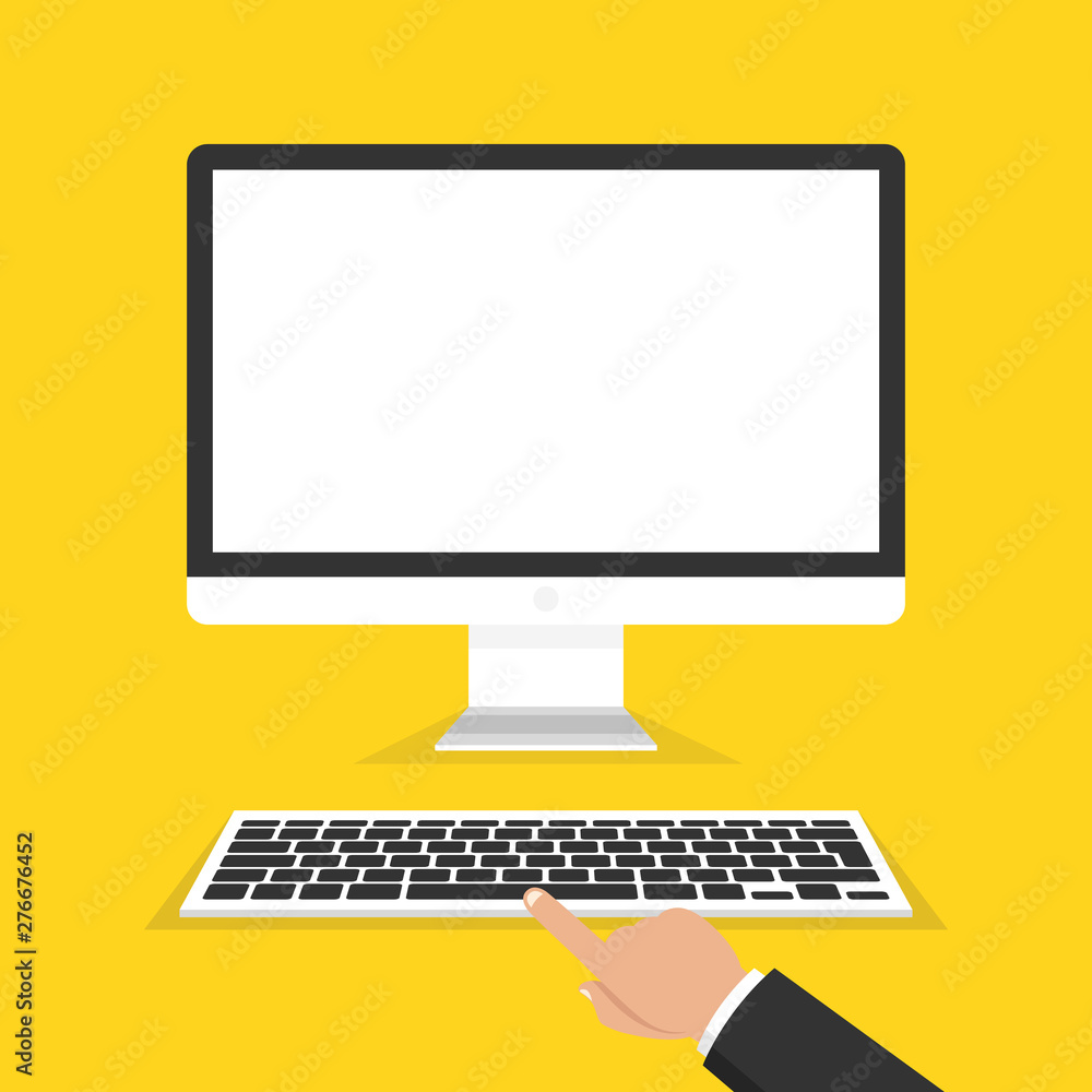 Poster modern flat screen computer monitor and keyboard. vector illustration.