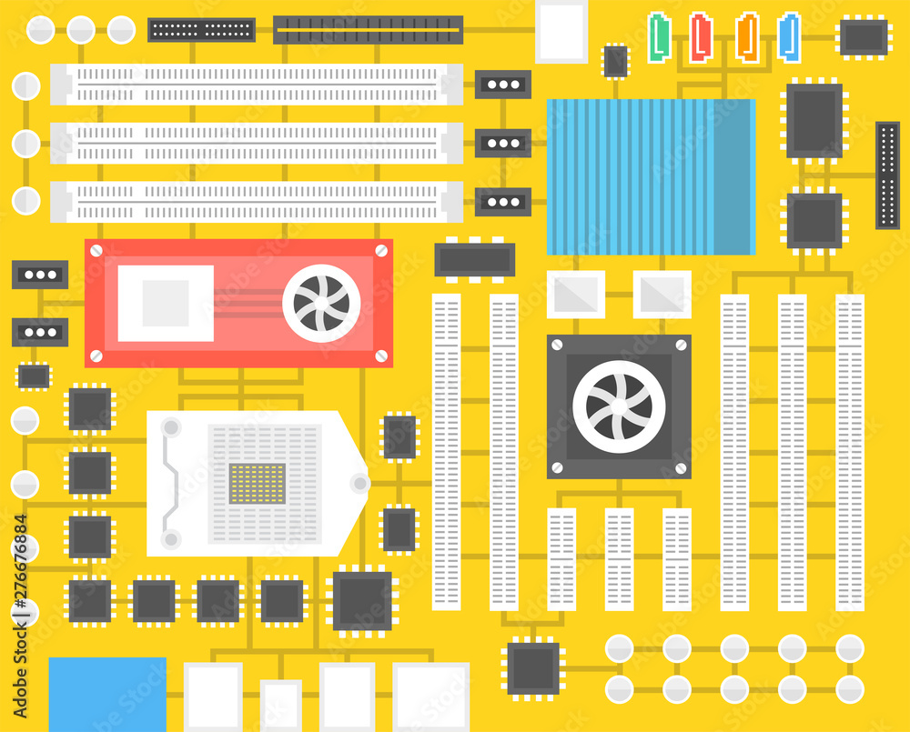 Poster computer chip technology processor circuit and computer motherboard information system. vector illus