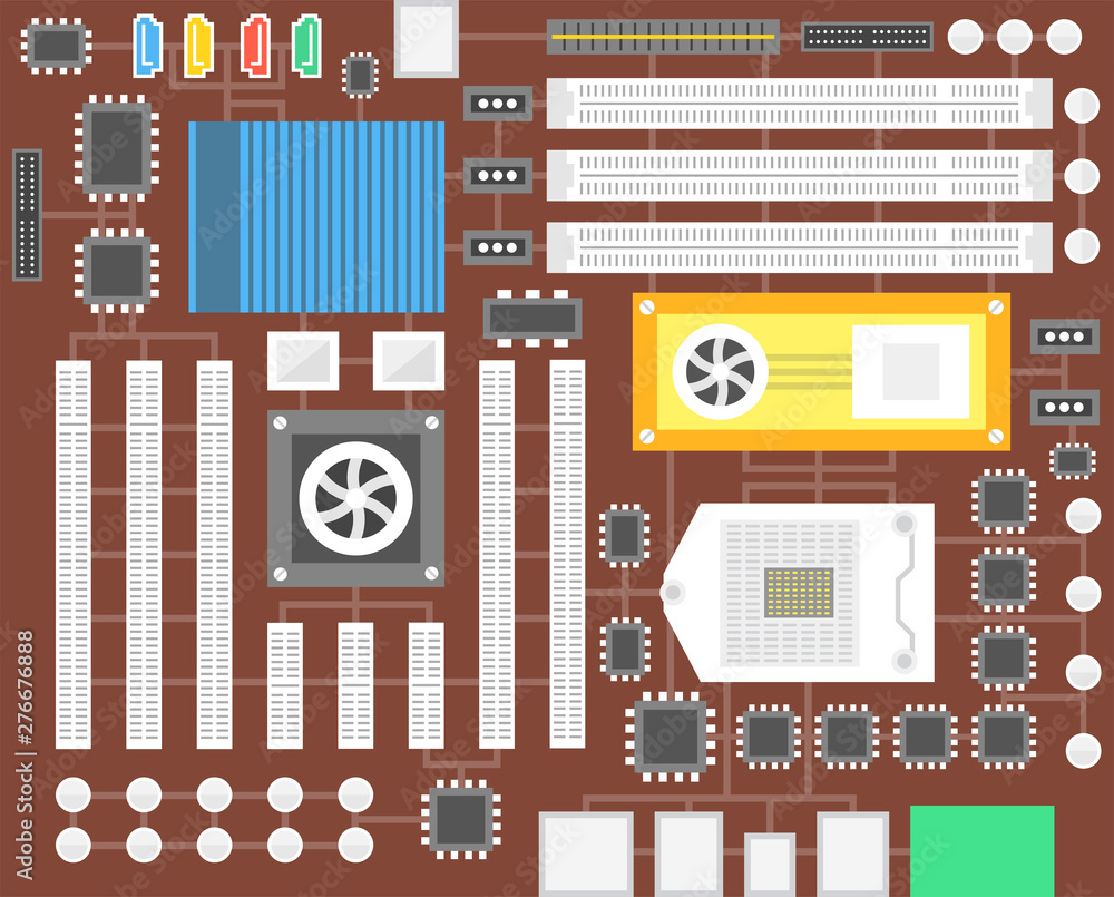 Poster computer chip technology processor circuit and computer motherboard information system. vector illus