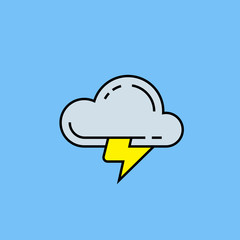 Cloud lightning line icon. Simple electric bolt weather symbol outline isolated on blue background. Vector illustration.