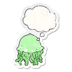 cartoon jellyfish and thought bubble as a distressed worn sticker