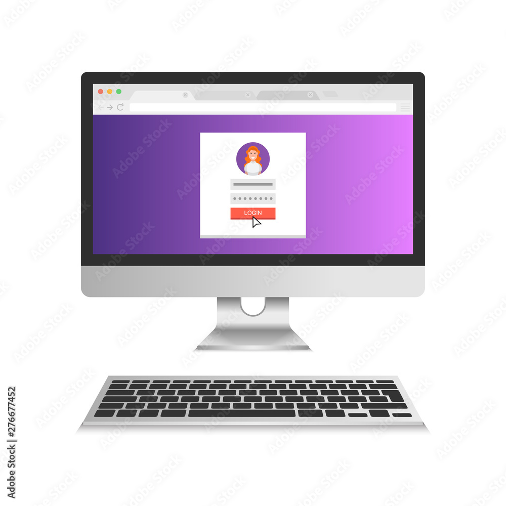 Poster sign in page on computer display screen. female avatar. vector illustration.