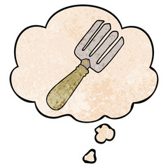 cartoon fork and thought bubble in grunge texture pattern style