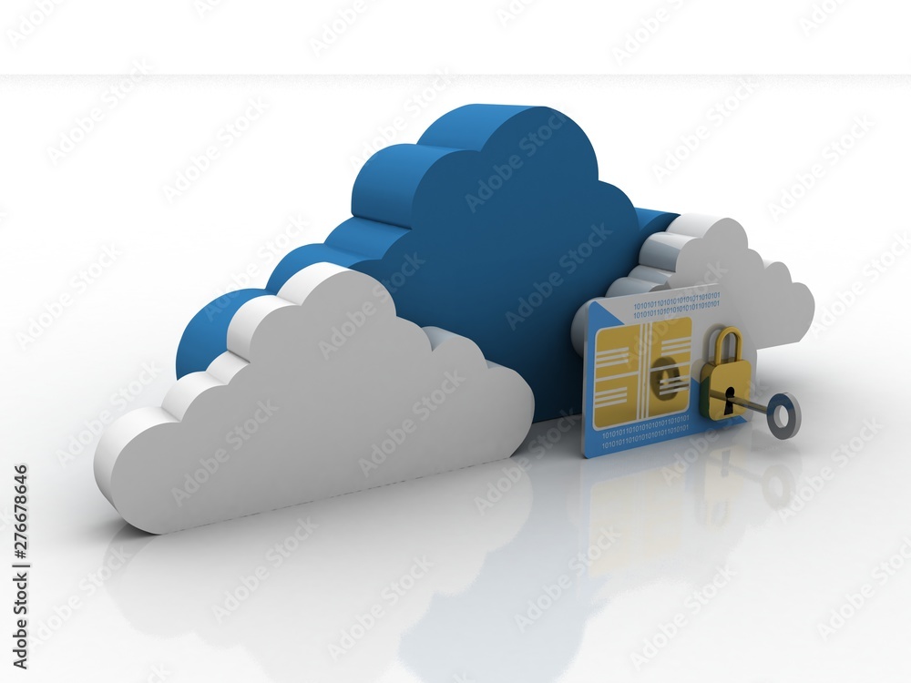 Poster 3d render sim card with key in padlock with cloud
