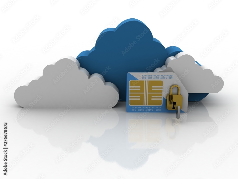 Poster 3d render sim card with key in padlock with cloud