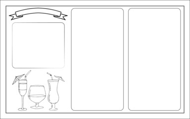 Template under the bar menu doodling style with glasses, cocktails, drinks. Isolated black objects on white background.