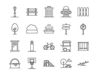city park icons. Set of city park element icon. Outline style icons