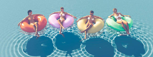 3D-Illustration of women swimming on float in a pool.