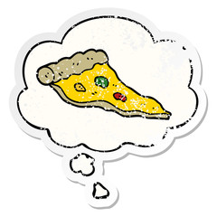 cartoon pizza and thought bubble as a distressed worn sticker