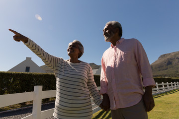 Senior woman with senior man pointing at distance