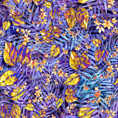 Watercolor Tropical leaves. leaves of a tree, palms, bamboo, branch,fern, flower, abstract splash. Watercolor abstract seamless background, pattern, spot, splash of paint, blot, divorce, color. Tropic