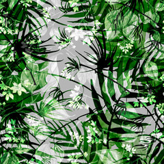 Watercolor Tropical leaves. leaves of a tree, palms, bamboo, branch, flower, abstract splash. Watercolor abstract seamless background, pattern, spot, splash of paint, blot, divorce, color. Tropic