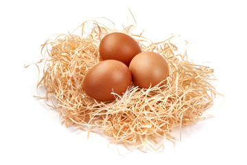 Chicken eggs in a straw nest, close-up, isolated on white background