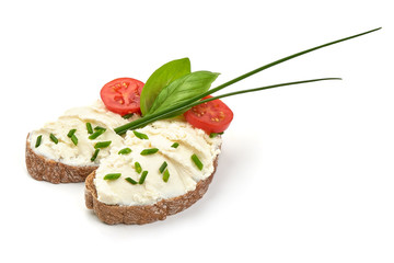 Feta cheese sandwich, close-up, isolated on white background