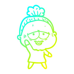 cold gradient line drawing cartoon happy old lady