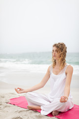 Fototapeta na wymiar Woman performing yoga on the beach
