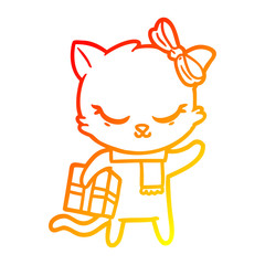 warm gradient line drawing cute cartoon cat with present