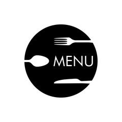 Logotipo abstracto con texto MENU con cubiertos en espacio negativo en círculo en color negro