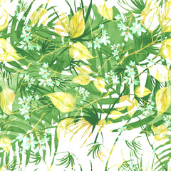 Tropical leaves. Watercolor leaves of a tree, palms, bamboo,branch, flower, abstract splash. Watercolor abstract seamless background, pattern, spot, splash of paint, blot, divorce, color. Tropic