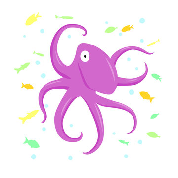 Purple octopus animal flat character on cayn background with spots. Cartoon poulpe for design, logo, background, card, print, sticker
