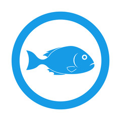 Icono plano silueta pescado en círculo color azul