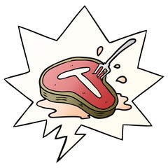 cartoon cooked steak and fork and speech bubble in smooth gradient style