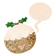 cute cartoon christmas pudding and speech bubble in retro textured style