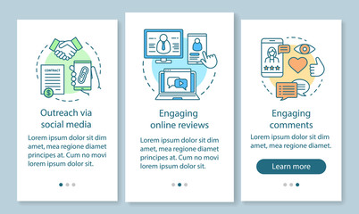 Online PR onboarding mobile app page screen with linear concepts. SMM, digital marketing walkthrough steps graphic instructions. UX, UI, GUI vector template with illustrations