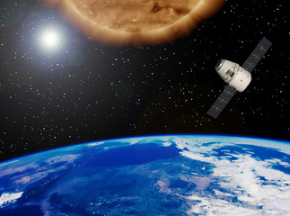 Big sun and space satellite. Earth from space. The elements of this image furnished by NASA.