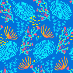 Fototapeta na wymiar Vector seamless pattern of colorful underwater ocean coral reef plants, corals and anemones.