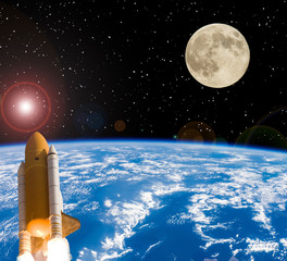 Rocket and moon. Earth on the backdrop. The elements of this image furnished by NASA.