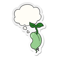 cartoon sprouting seed and thought bubble as a printed sticker