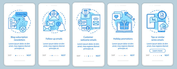 Email marketing blue onboarding mobile app page screen vector template. Blog subscription, promotions walkthrough website steps with linear illustrations. UX, UI, GUI smartphone interface concept