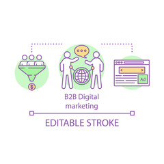 B2B Digital marketing concept icon. Business to business model idea thin line illustration. Commercial transaction. Affiliate marketing techniques. Vector isolated outline drawing. Editable stroke