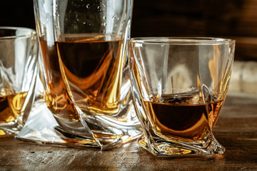 Strong Spirits Set. Hard alcoholic drinks in glasses