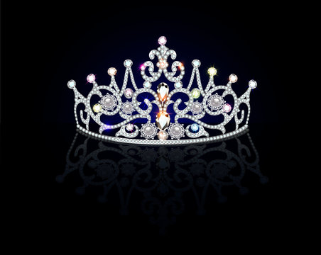 Illustration of diadem, crown, female tiara with precious stones with reflection